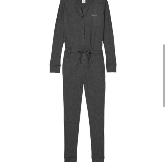 VS PINK Grey Thermal Holiday Merry Happy Drawstring Pajama Onesie w/ Pockets - Picture 4 of 5
